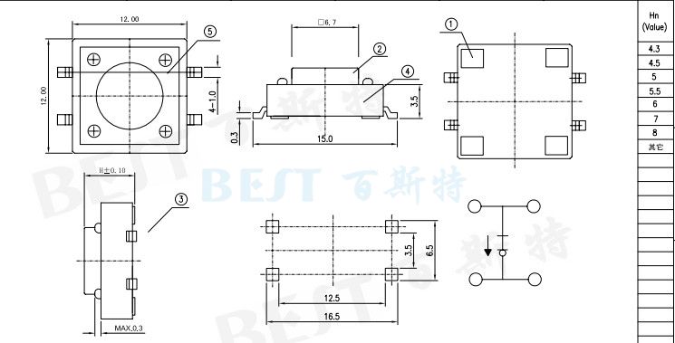 輕觸開關TS-1103W封裝規格圖紙 輕觸開關TS-1103W封裝規格圖紙